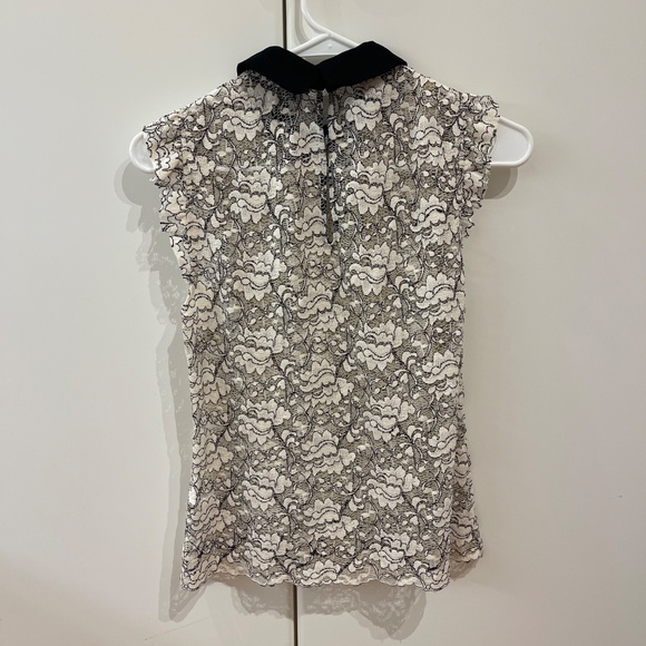 ZARA Ivory-white with black lace sleeveless top Peter pan collar size XS - Picture 4 of 4
